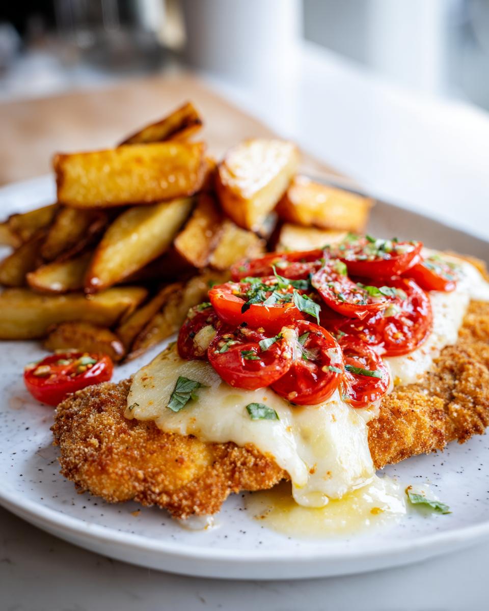 Ein saftiges Tomaten-Mozzarella-Schnitzel mit geschmolzenem Käse und Kirschtomaten, serviert mit knusprigen Ofenkartoffeln.