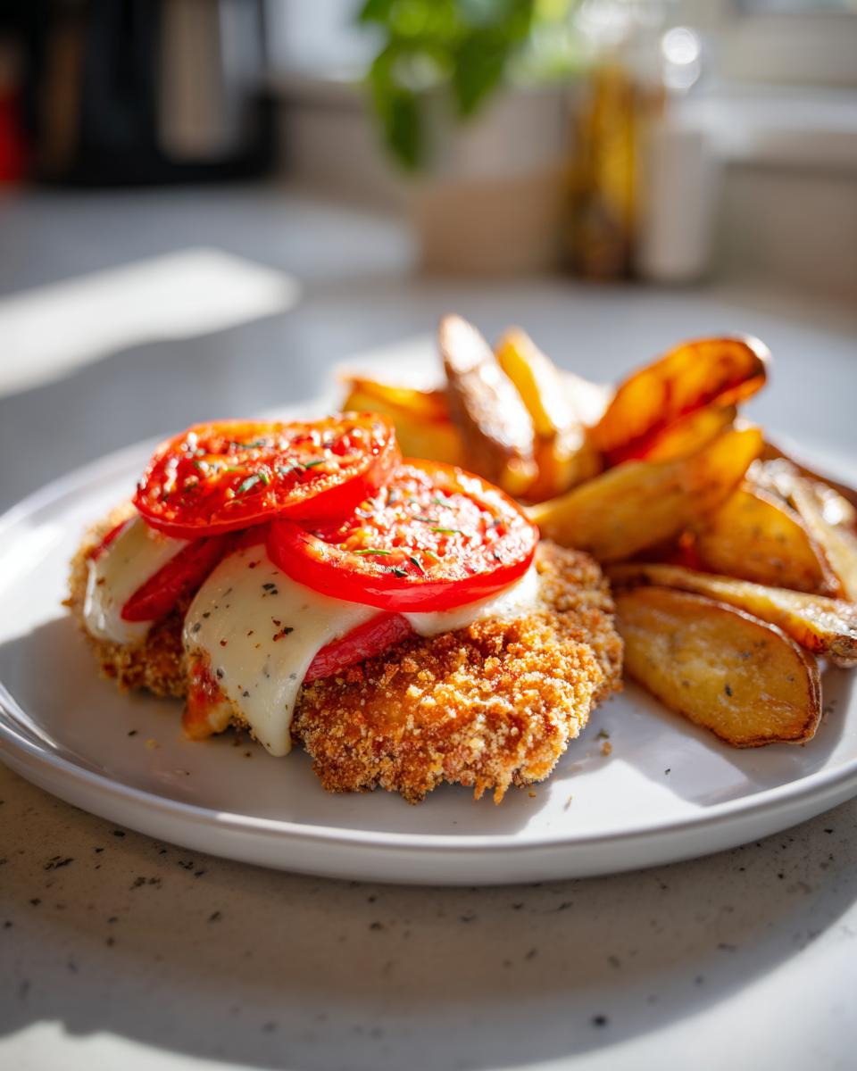 Ein knuspriges Tomaten-Mozzarella-Schnitzel, überbacken mit geschmolzenem Mozzarella und Tomatenscheiben, serviert mit goldbraunen Ofenkartoffeln.