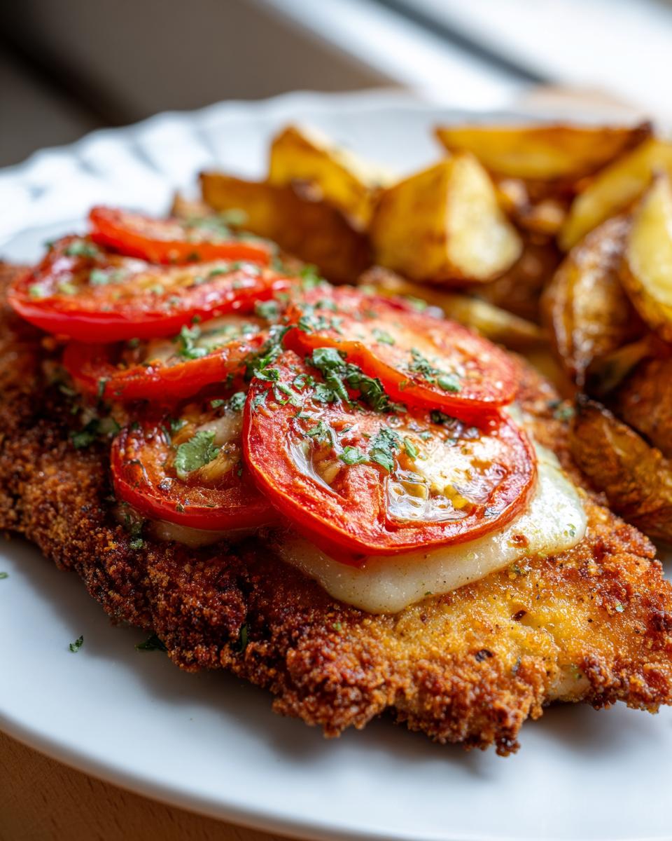 Ein goldbraunes Tomaten-Mozzarella-Schnitzel mit geschmolzenem Käse und Tomatenscheiben, serviert mit knusprigen Ofenkartoffeln.