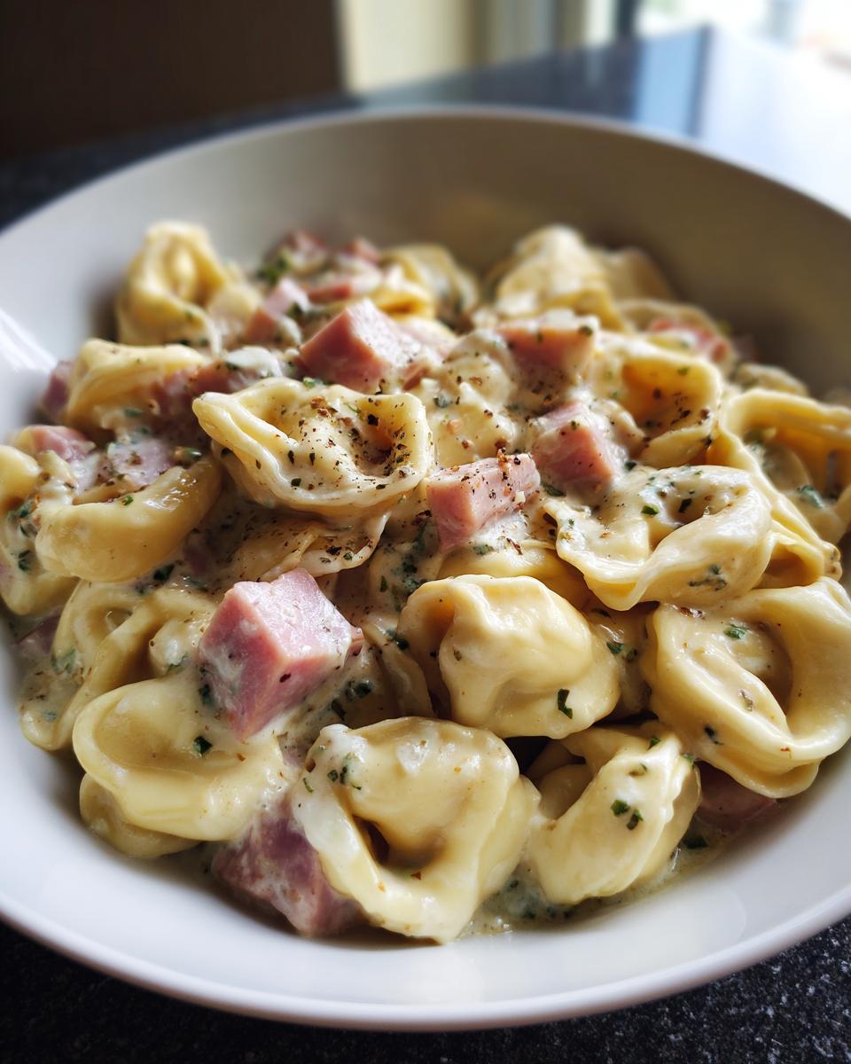 Eine Schüssel voller Tortellini in Schinken-Sahne-Sauce, bestreut mit Kräutern und Pfeffer.