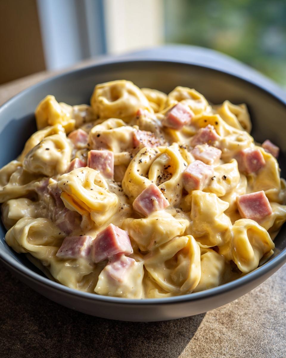 Eine Schüssel mit Tortellini in Schinken-Sahne-Sauce, bestreut mit schwarzem Pfeffer.