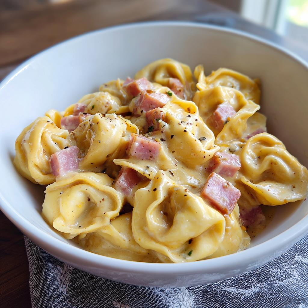 Eine Schüssel mit Tortellini in cremiger Schinken-Sahne-Sauce, garniert mit Kräutern und Pfeffer.