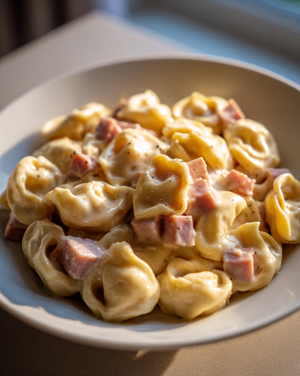 Nahaufnahme von Tortellini in Schinken-Sahne-Sauce, bestreut mit schwarzem Pfeffer.