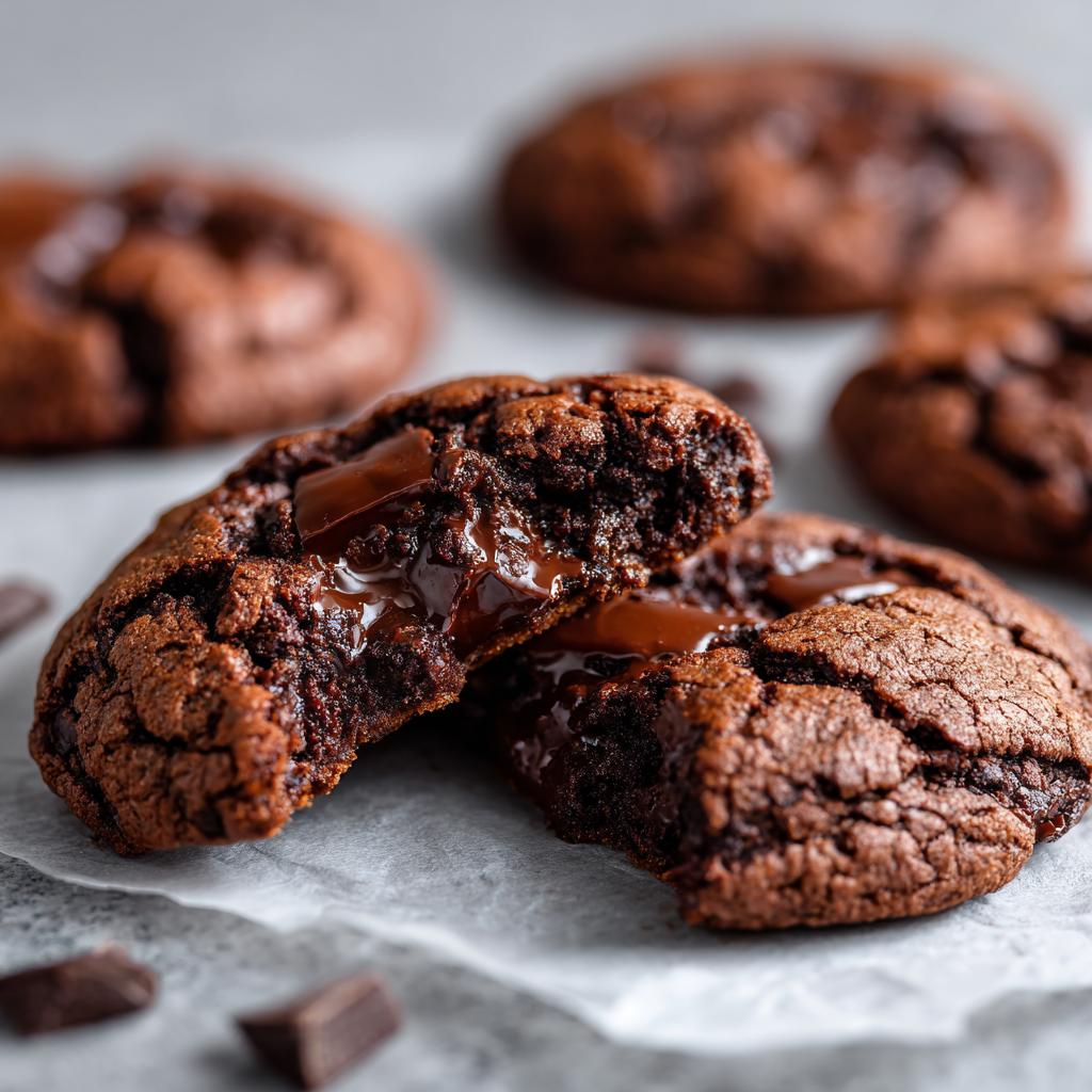 Ein angeschnittener Triple Chocolate Cookie mit flüssigem, geschmolzenem Schokoladenkern.