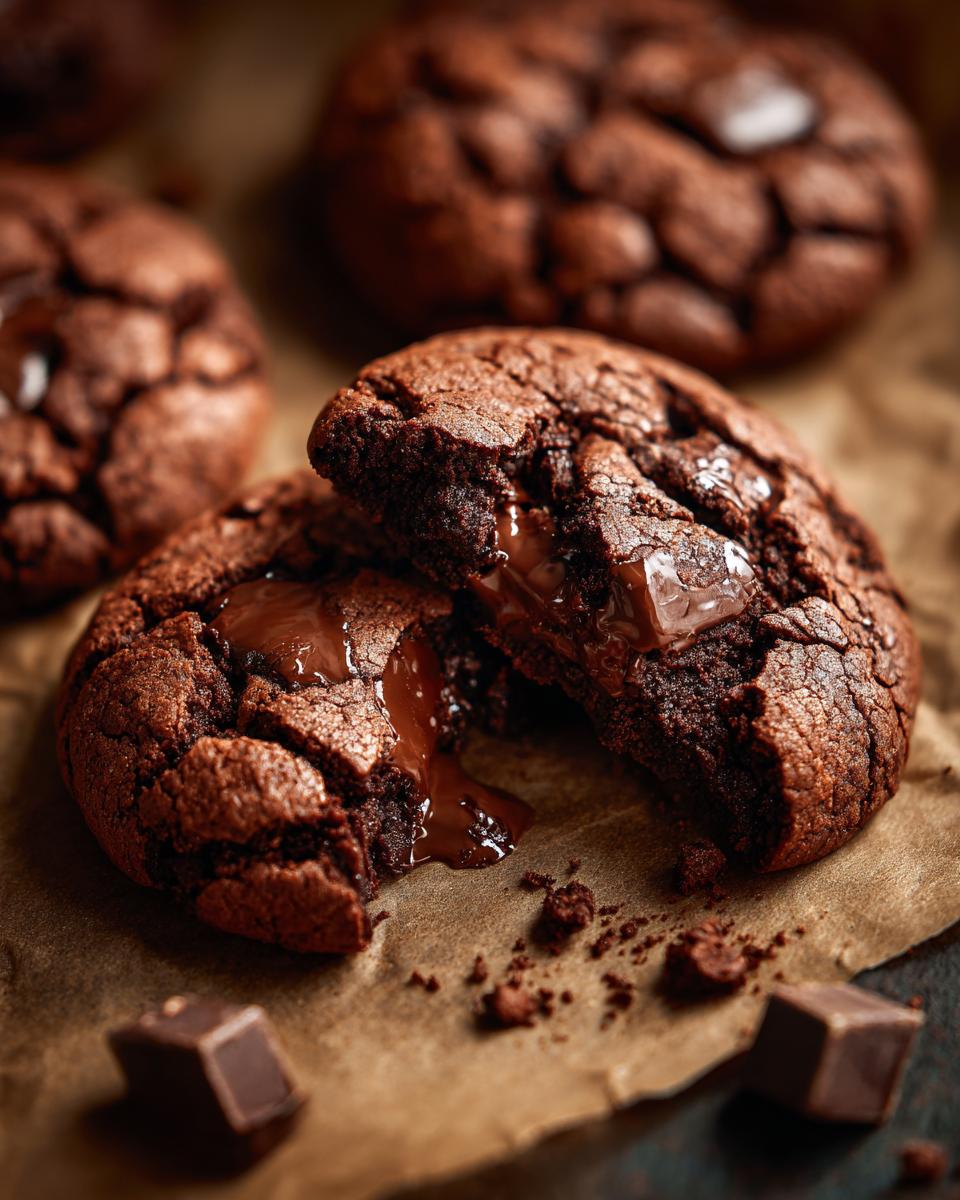 Nahaufnahme von aufgeschnittenen Triple Chocolate Cookies mit weichem Kern und flüssiger Schokolade.