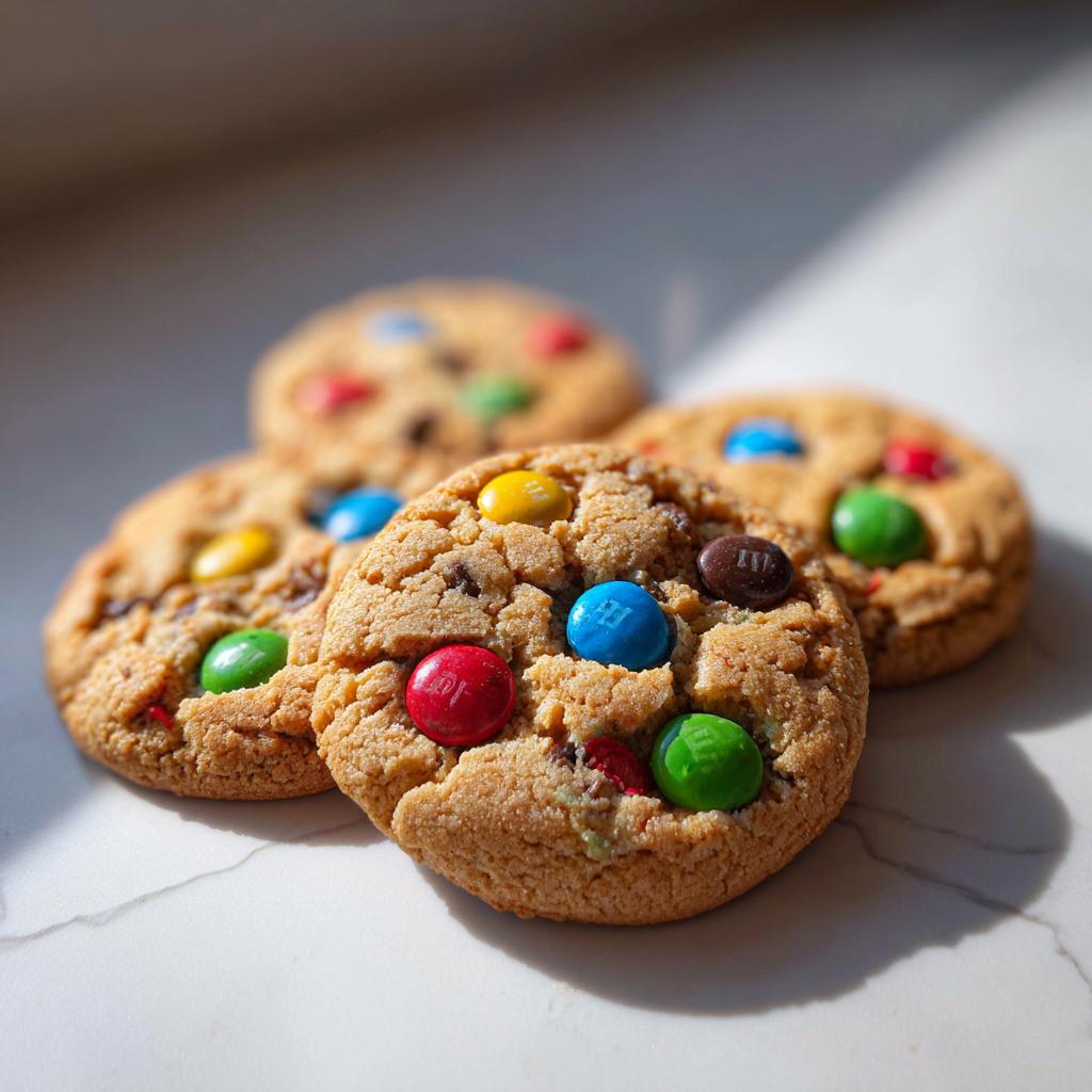 Vier frisch gebackene, weiche Smarties Cookies mit bunten Schokolinsen liegen auf einer hellen Oberfläche.