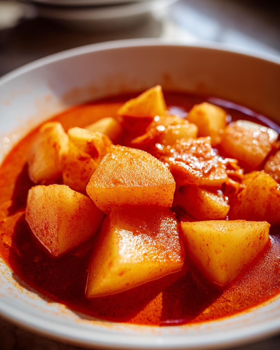 Nahaufnahme von großen Kartoffelstücken in einer tiefroten, würzigen Sauce – typisch für Wiener Erdäpfelgulasch.