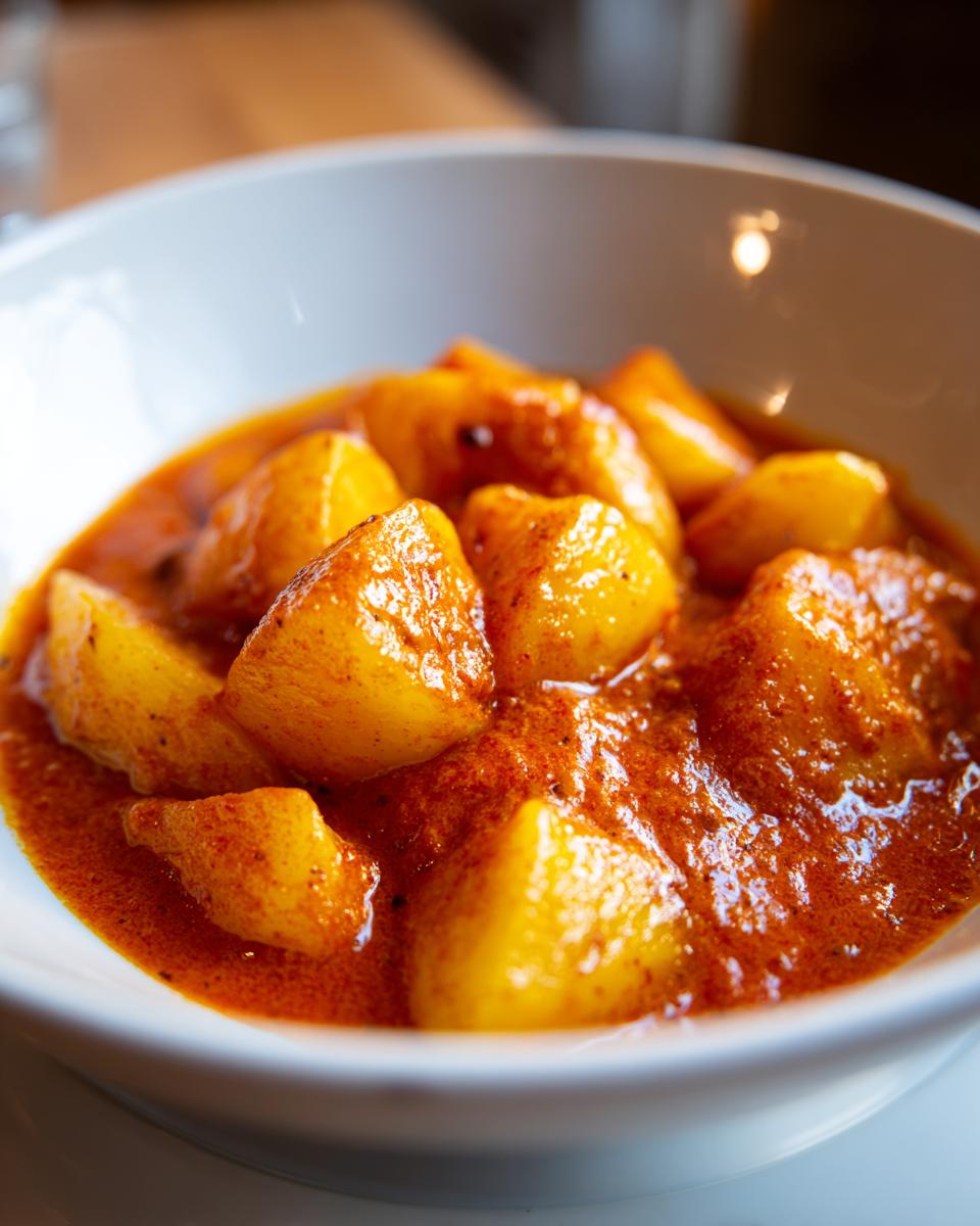 Nahaufnahme von stückigen Kartoffeln in einer leuchtend roten, würzigen Sauce – das perfekte Wiener Erdäpfelgulasch.