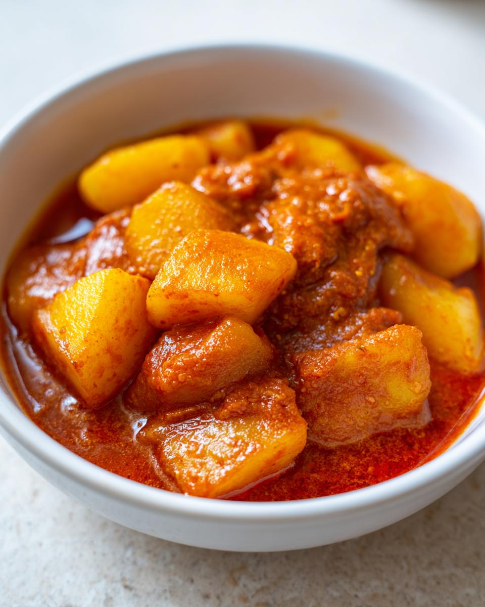 Nahaufnahme von saftigen Kartoffelstücken in einer tiefroten, würzigen Sauce, typisch für Wiener Erdäpfelgulasch.