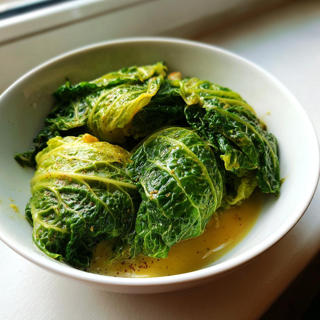 Nahaufnahme von Wirsinggemüse in Rahmsauce, serviert in einer weißen Schüssel, mit Gewürzen bestreut.