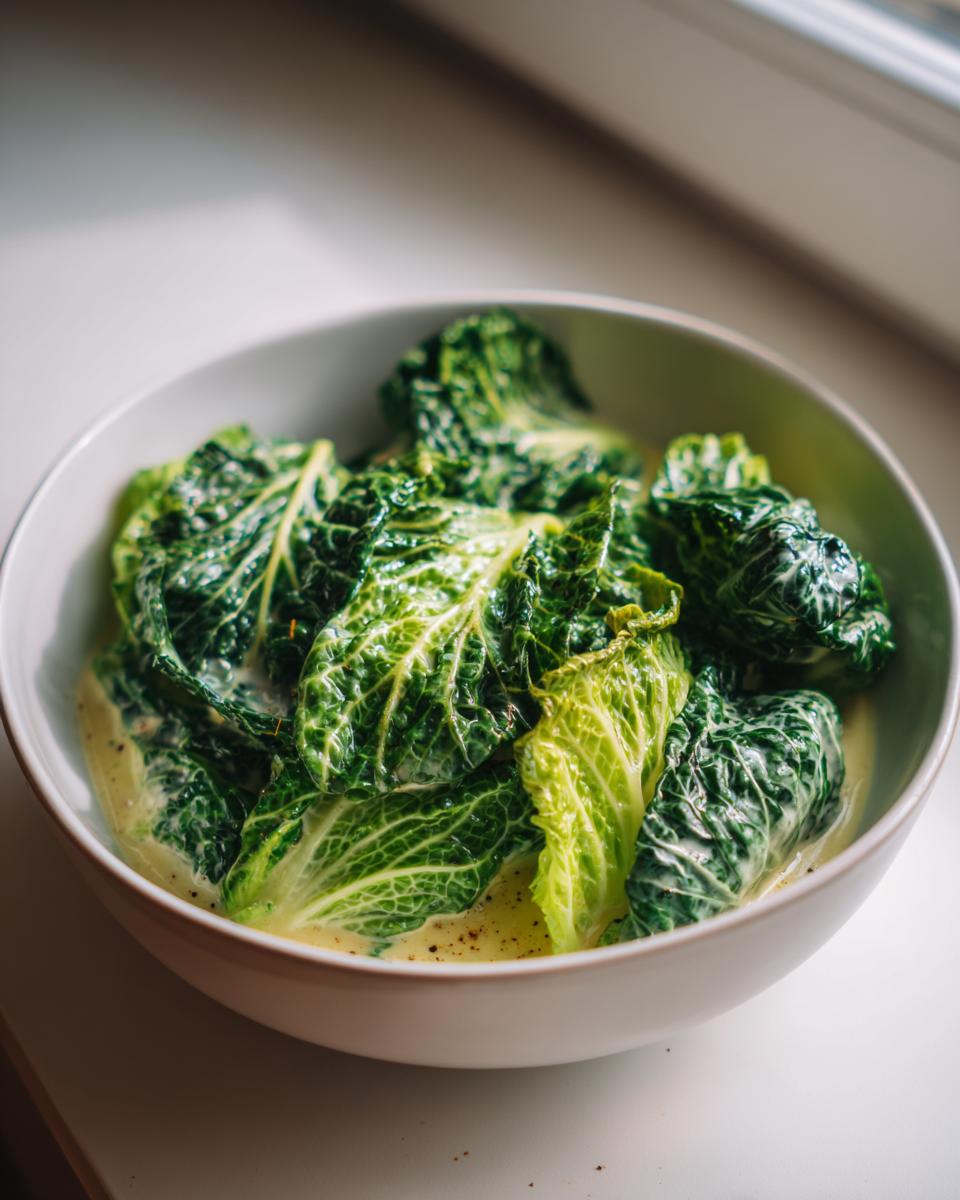 Eine Schüssel mit cremigem Wirsinggemüse in Rahmsauce, garniert mit Pfeffer.