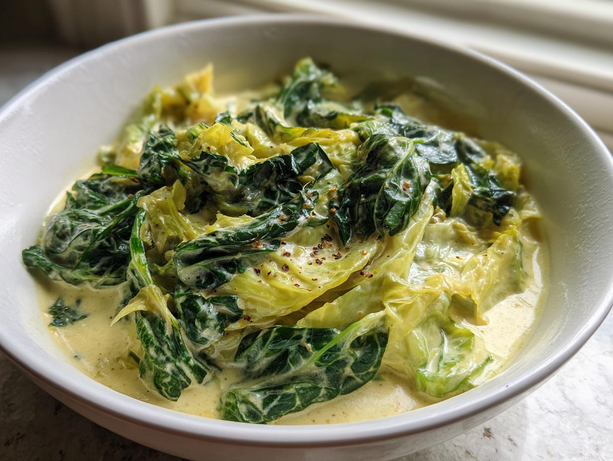 Eine Schüssel mit cremigem Wirsinggemüse in Rahmsauce, bestreut mit Pfeffer.