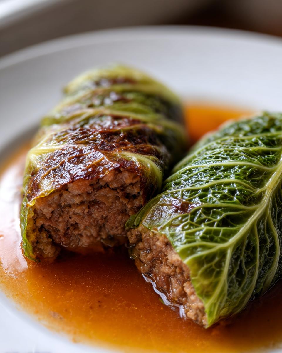 Nahaufnahme von zwei Wirsingrouladen mit Hackfleisch, die in einer dunklen Soße auf einem weißen Teller liegen.