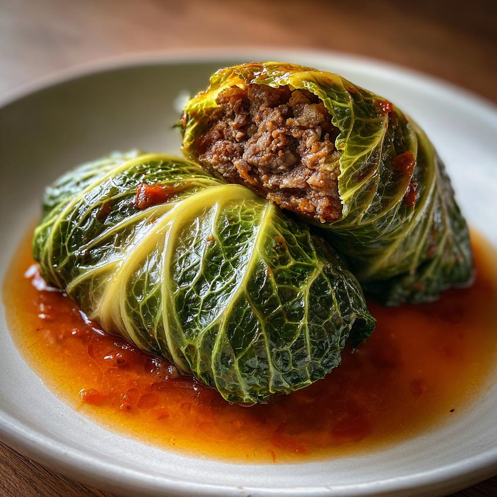 Zwei Wirsingrouladen mit Hackfleisch, eine davon angeschnitten, in einer würzigen Soße.