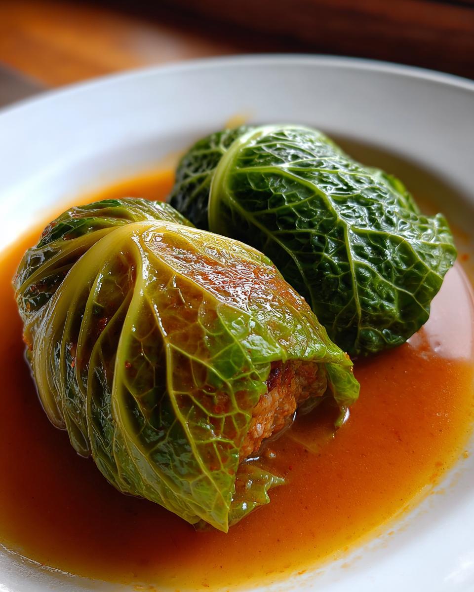 Zwei fertige Wirsingrouladen mit Hackfleisch in einer appetitlichen, rötlichen Sauce auf einem weißen Teller.