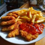 Zigeunerschnitzel mit pikanter Paprikasauce und Pommes Frites auf einem Teller, appetitlich angerichtet.