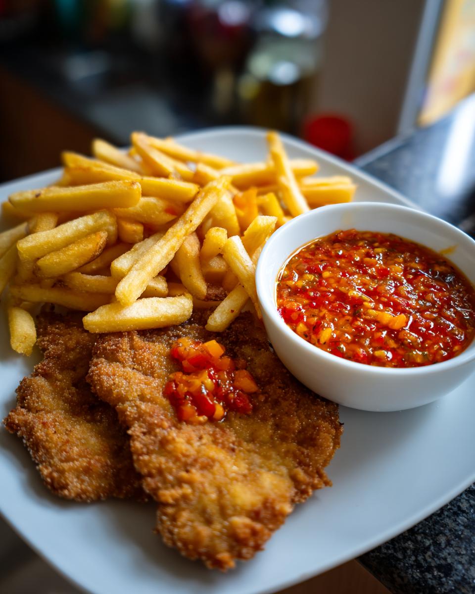 Ein Teller mit Zigeunerschnitzel, dazu goldbraune Pommes und eine Schüssel mit pikanter Paprikasauce.