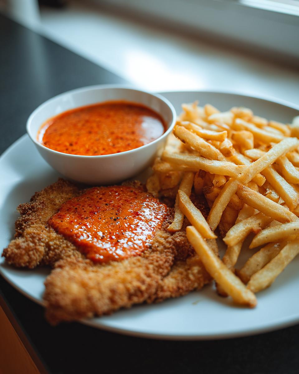 Ein knuspriges Zigeunerschnitzel mit pikanter Paprikasauce und goldbraunen Pommes Frites auf einem Teller.