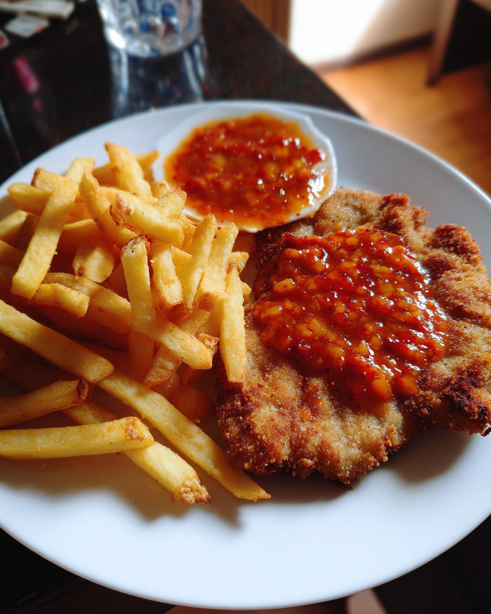 Ein knuspriges Zigeunerschnitzel mit pikanter Paprikasauce und goldbraunen Pommes Frites auf einem Teller.