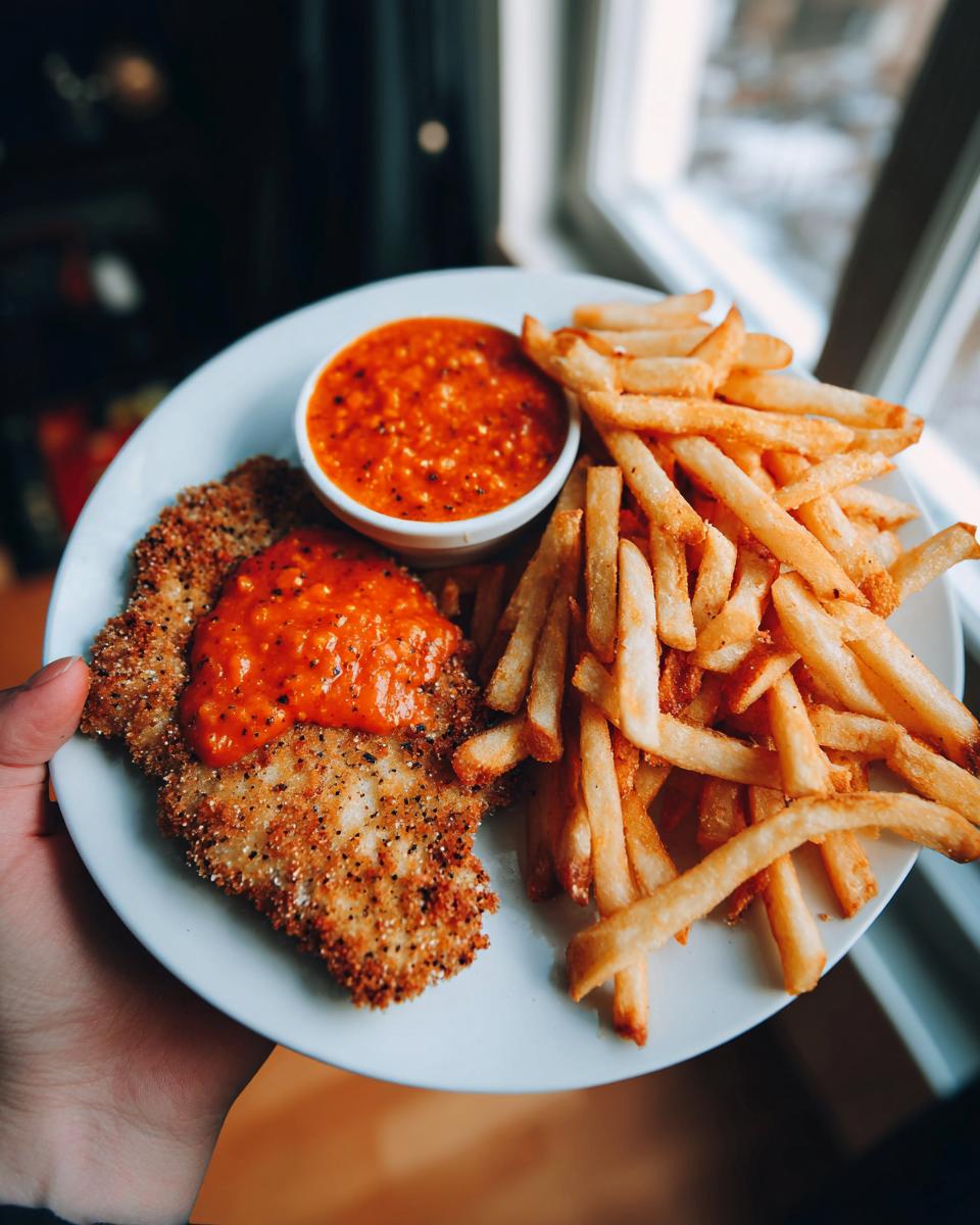 Ein Teller mit Zigeunerschnitzel, bedeckt mit pikanter Paprikasauce, daneben knusprige Pommes und eine Schale Sauce.