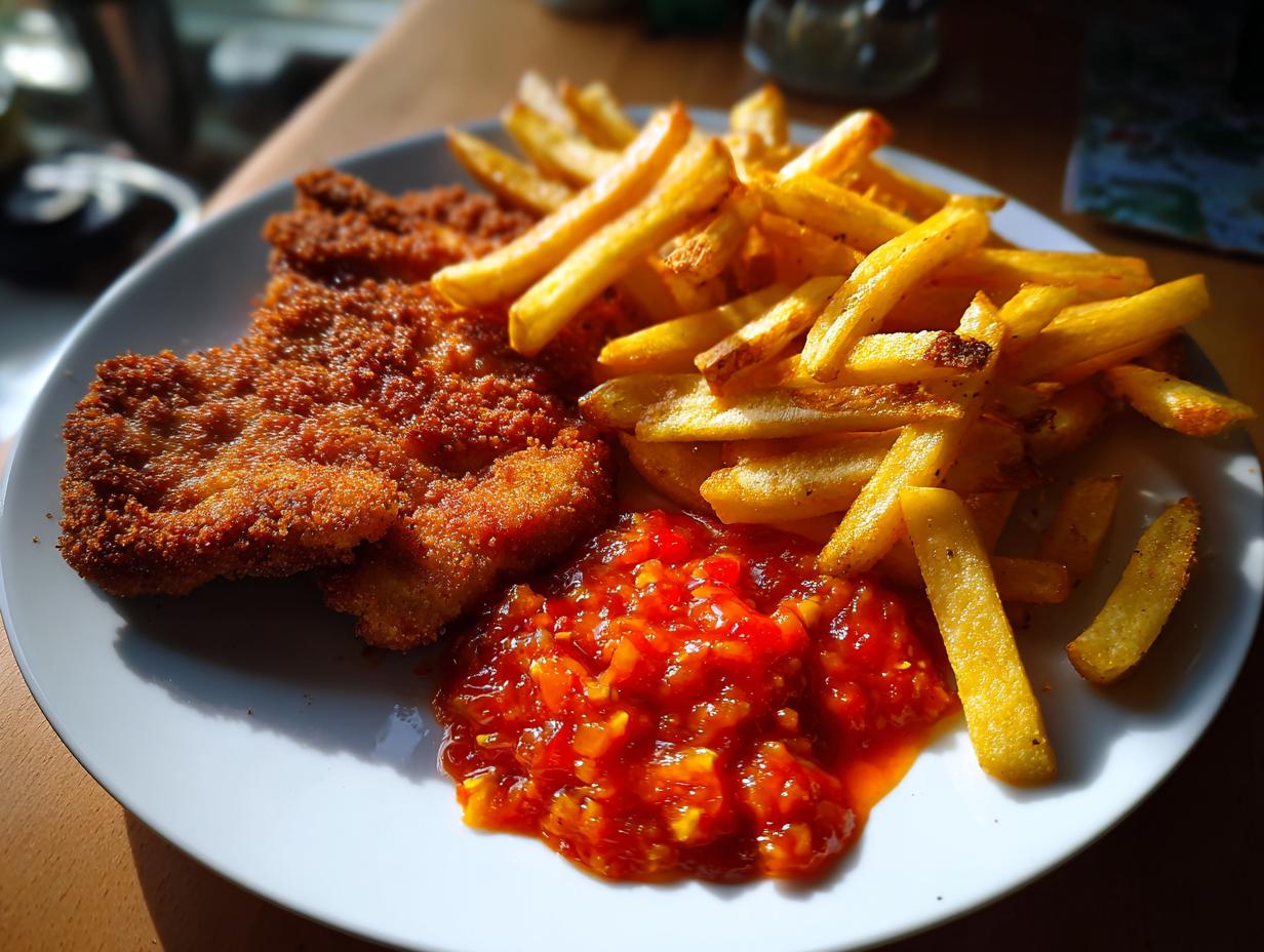 Ein Teller mit knusprigem Zigeunerschnitzel, goldbraunen Pommes und einer pikanten Paprikasauce.
