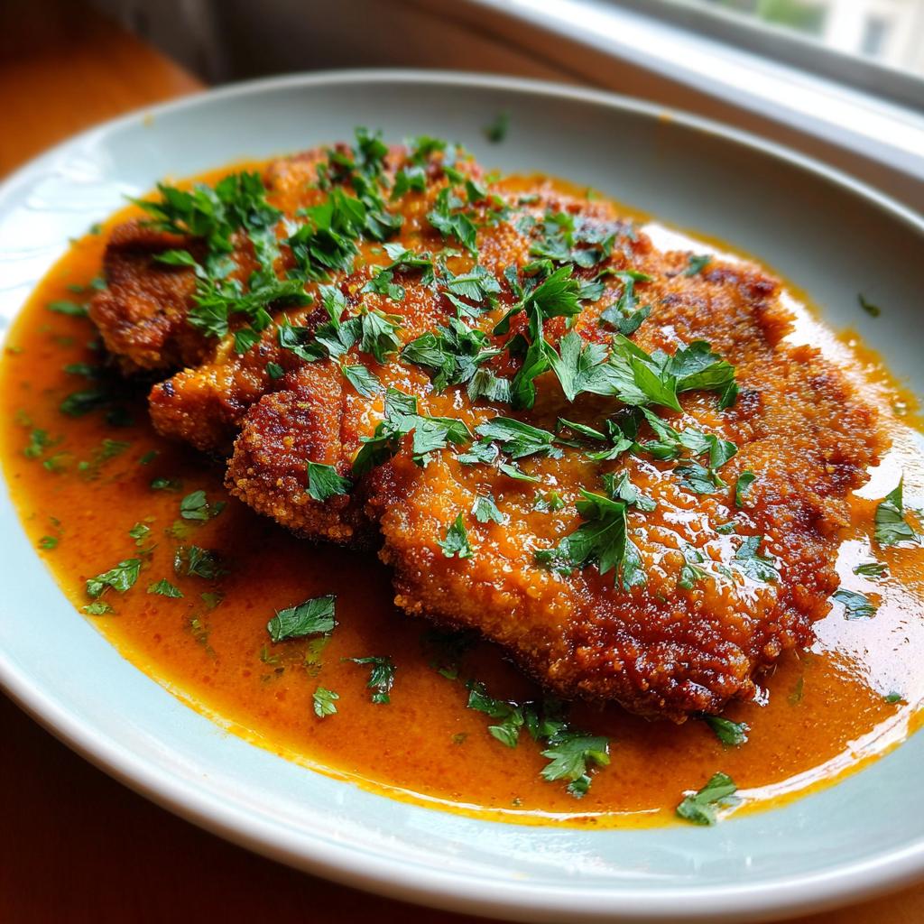Nahaufnahme von Zigeunerschnitzel mit Paprikasauce, garniert mit frischer Petersilie.