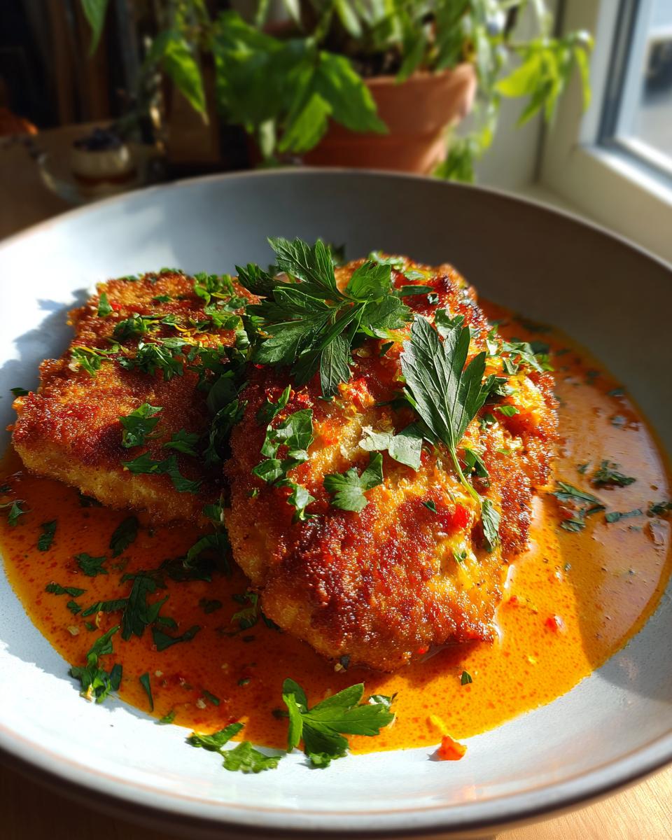 Zwei goldbraune Zigeunerschnitzel in einer würzigen Paprikasauce, garniert mit frischer Petersilie.