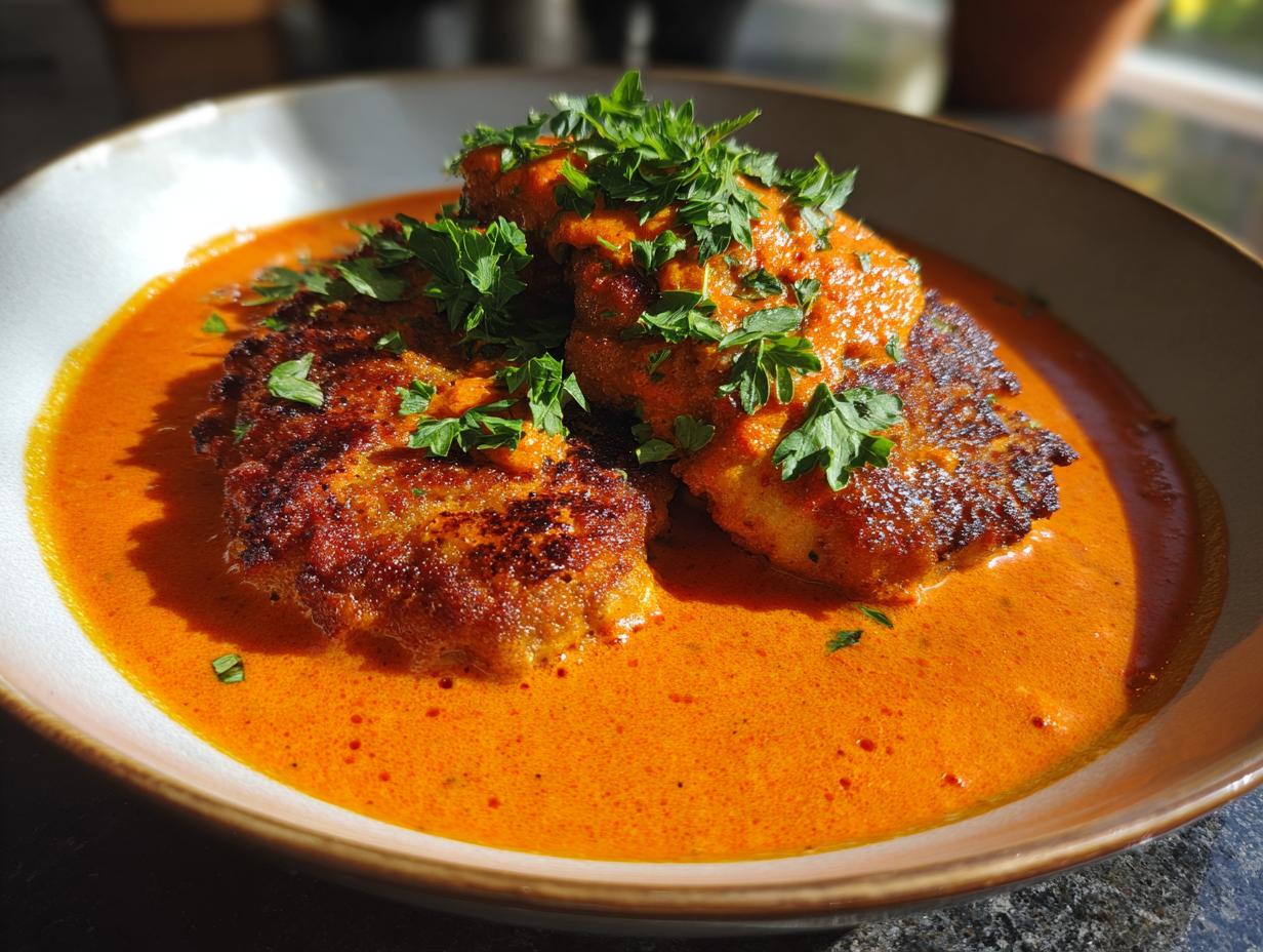 Ein Teller mit Zigeunerschnitzel und cremiger Paprikasauce, garniert mit frischer Petersilie.