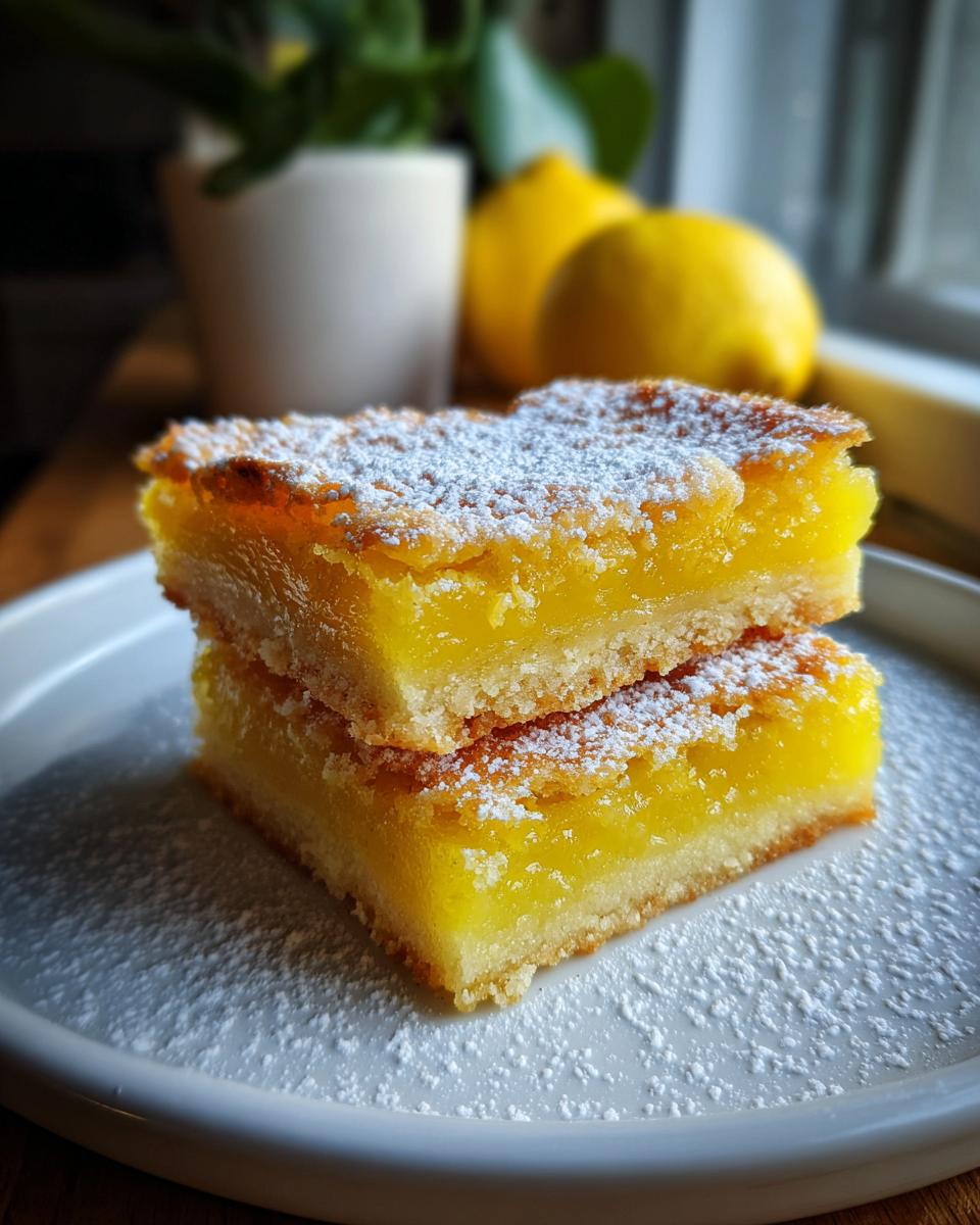 Zwei gestapelte Zitronenschnitten mit intensivem Zitronenbelag und Puderzucker auf einem Teller.