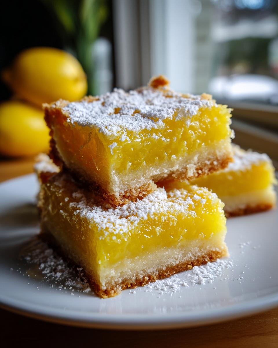 Drei gestapelte Zitronenschnitten mit dicker, gelber Füllung und Puderzucker auf einem weißen Teller.