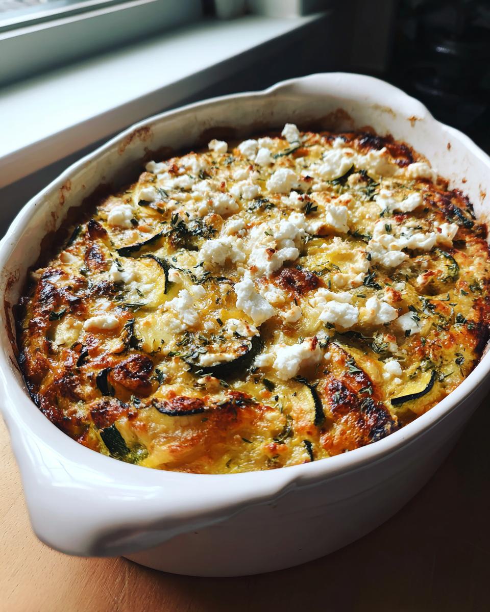 Ein goldbraun gebackener Zucchini-Kartoffel-Auflauf mit Feta und Kräutern in einer weißen Auflaufform.