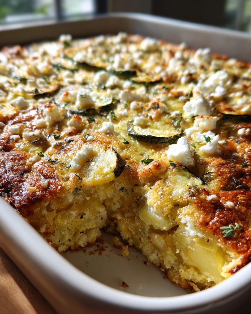Nahaufnahme eines frisch gebackenen Zucchini-Kartoffel-Auflaufs mit Feta-Käse und Kräutern.