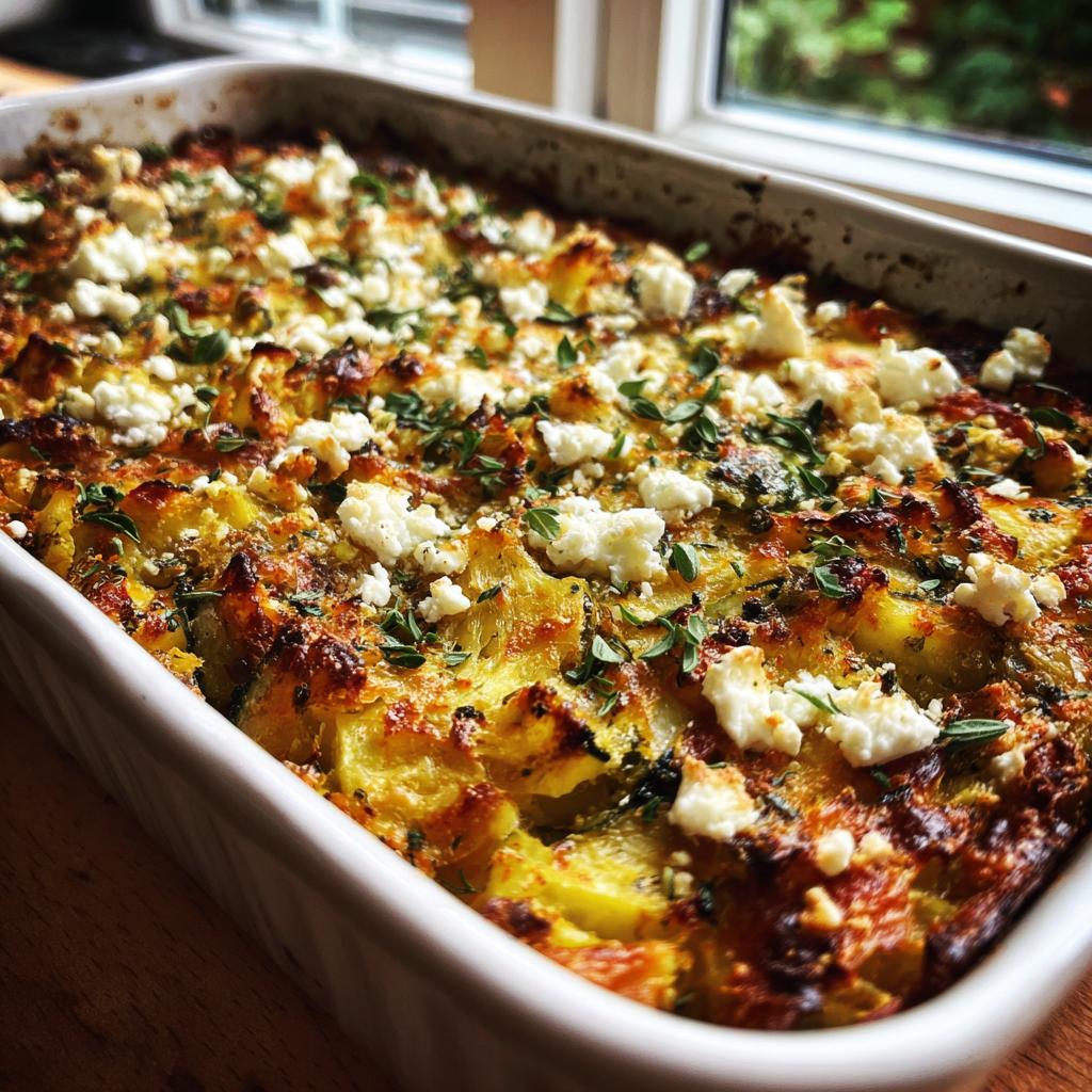 Nahaufnahme eines goldbraunen Zucchini-Kartoffel-Auflaufs mit Feta und Kräutern, frisch aus dem Ofen.