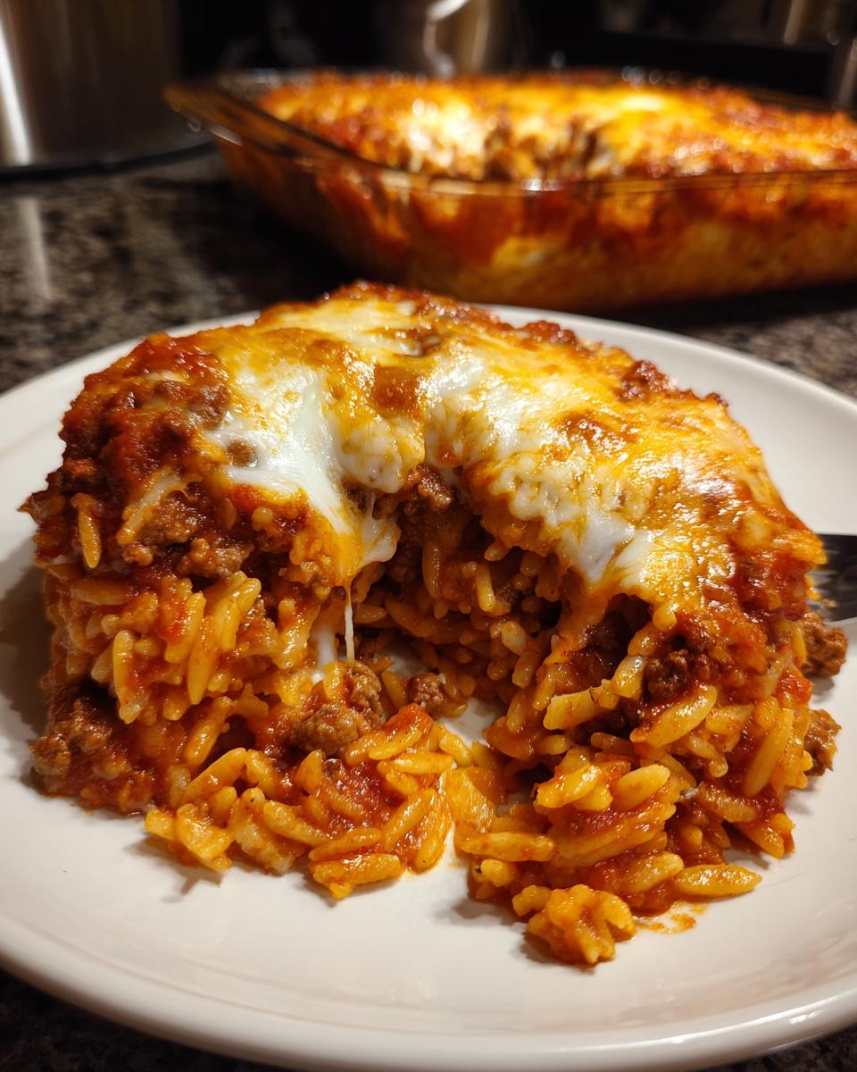 Ein cremiger Anschnitt vom Kritharaki-Auflauf mit Hackfleisch und geschmolzenem Käse auf einem weißen Teller.