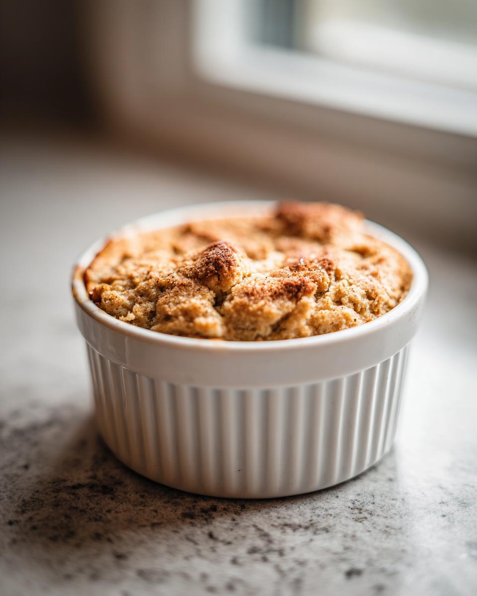 Ein frisch gebackenes Baked Oats mit Eiweißpulver in einer weißen, geriffelten Auflaufform.