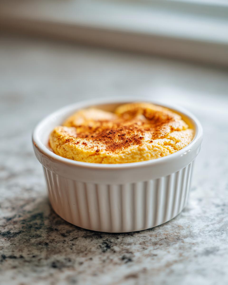 Ein einzelnes, fluffiges Baked Oats mit Eiweißpulver, bestreut mit Zimt, in einer weißen Auflaufform.