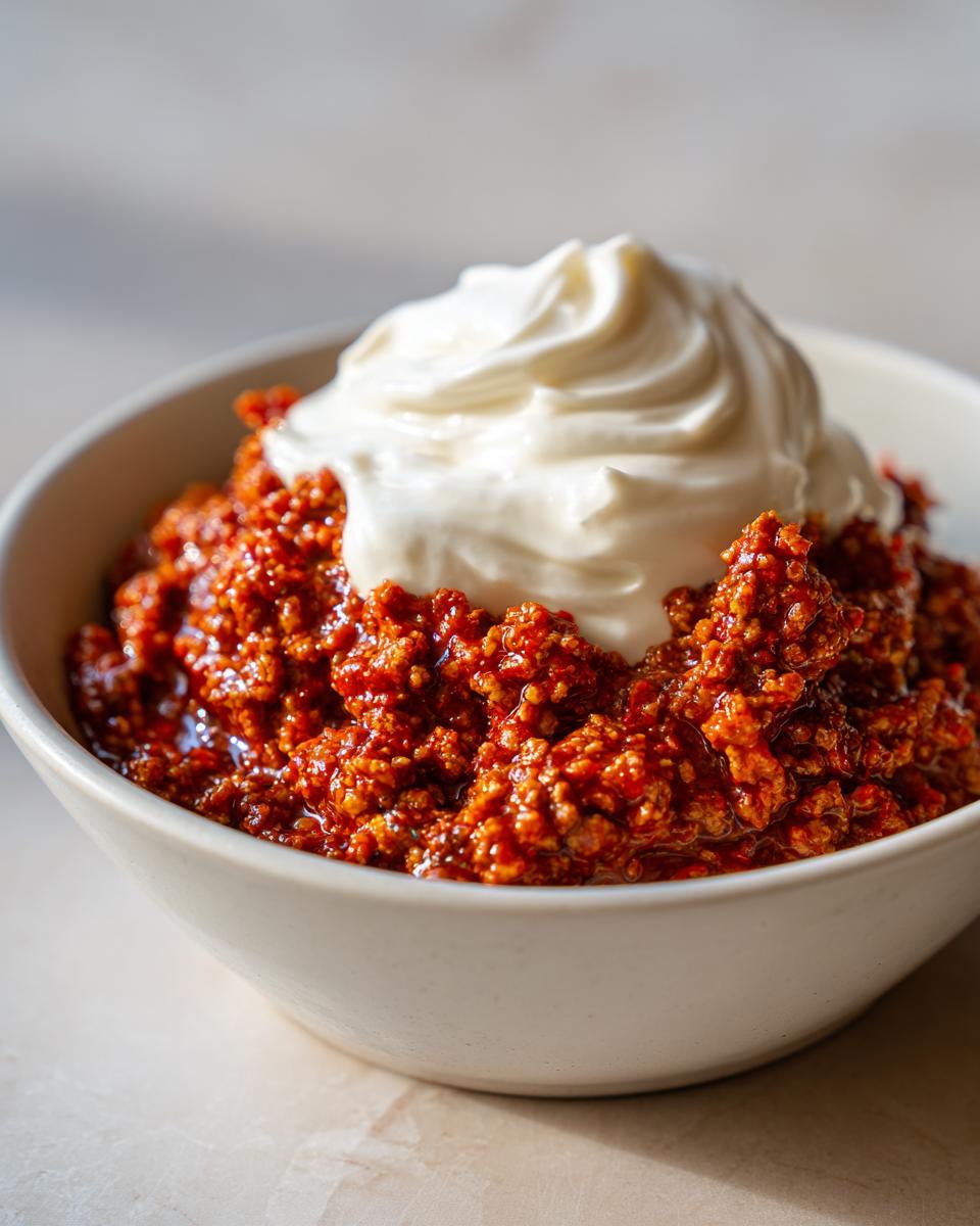 Nahaufnahme der Balkan-Hackfleisch-Pfanne mit Ajvar, gekrönt von einem Klecks cremigem Schmand.
