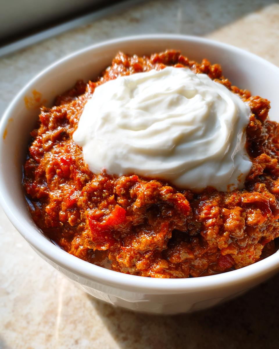 Nahaufnahme der würzigen Balkan-Hackfleisch-Pfanne mit einem großen Klecks kühlem Schmand obenauf.