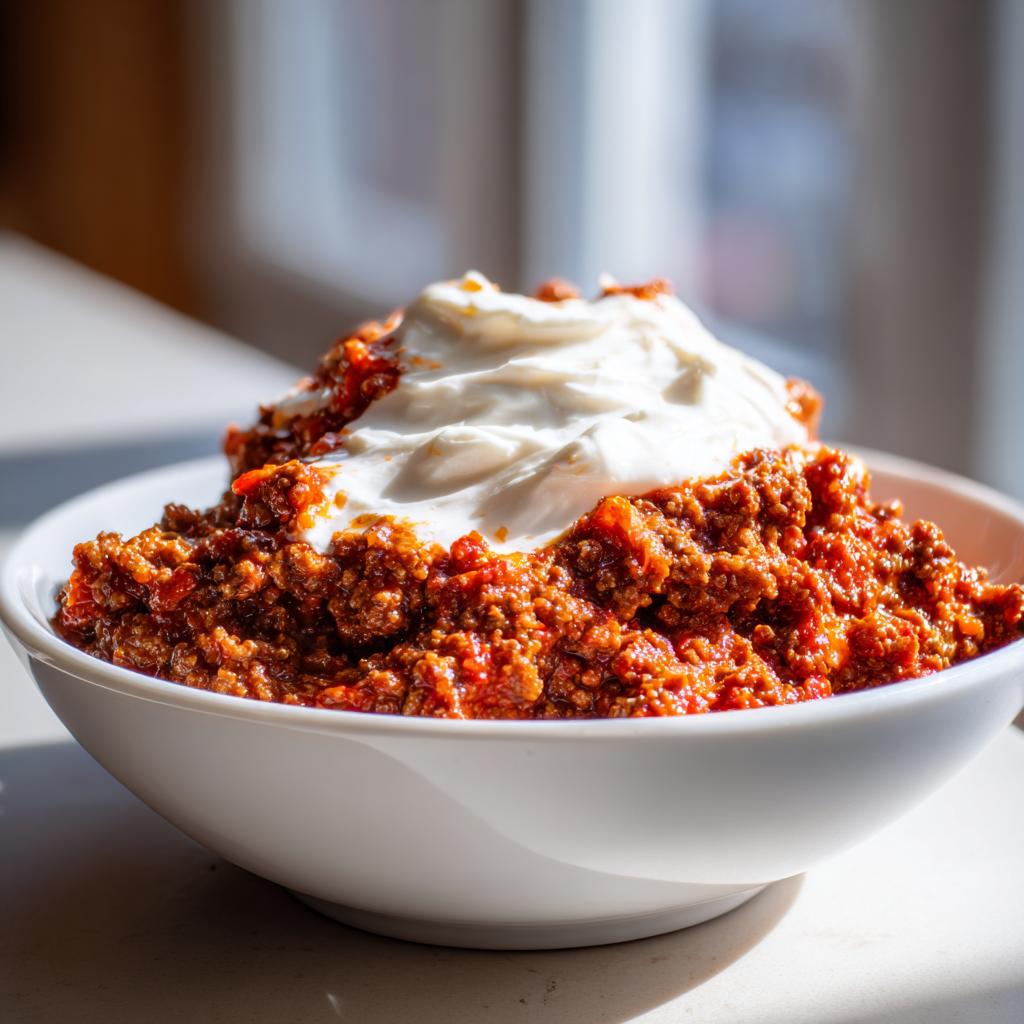 Nahaufnahme einer Balkan-Hackfleisch-Pfanne mit Ajvar, gekrönt von einem großen Klecks Schmand.
