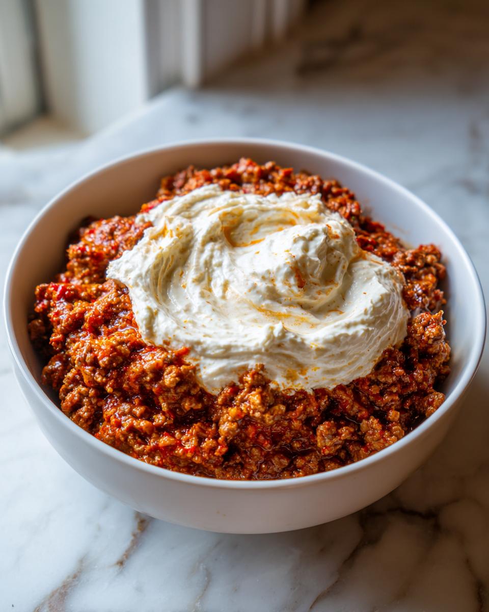 Nahaufnahme der Balkan-Hackfleisch-Pfanne mit einer großen Portion cremigem Schmand in der Mitte.