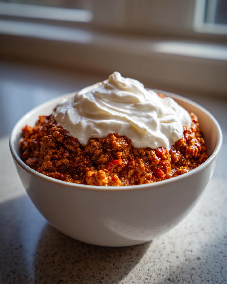 Eine Schüssel Balkan-Hackfleisch-Pfanne mit Ajvar und einem großen Klecks kühlem Schmand.