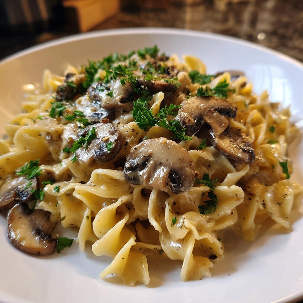 Nahaufnahme von Bandnudeln mit Pilzrahmsauce, reichlich garniert mit frischer Petersilie.