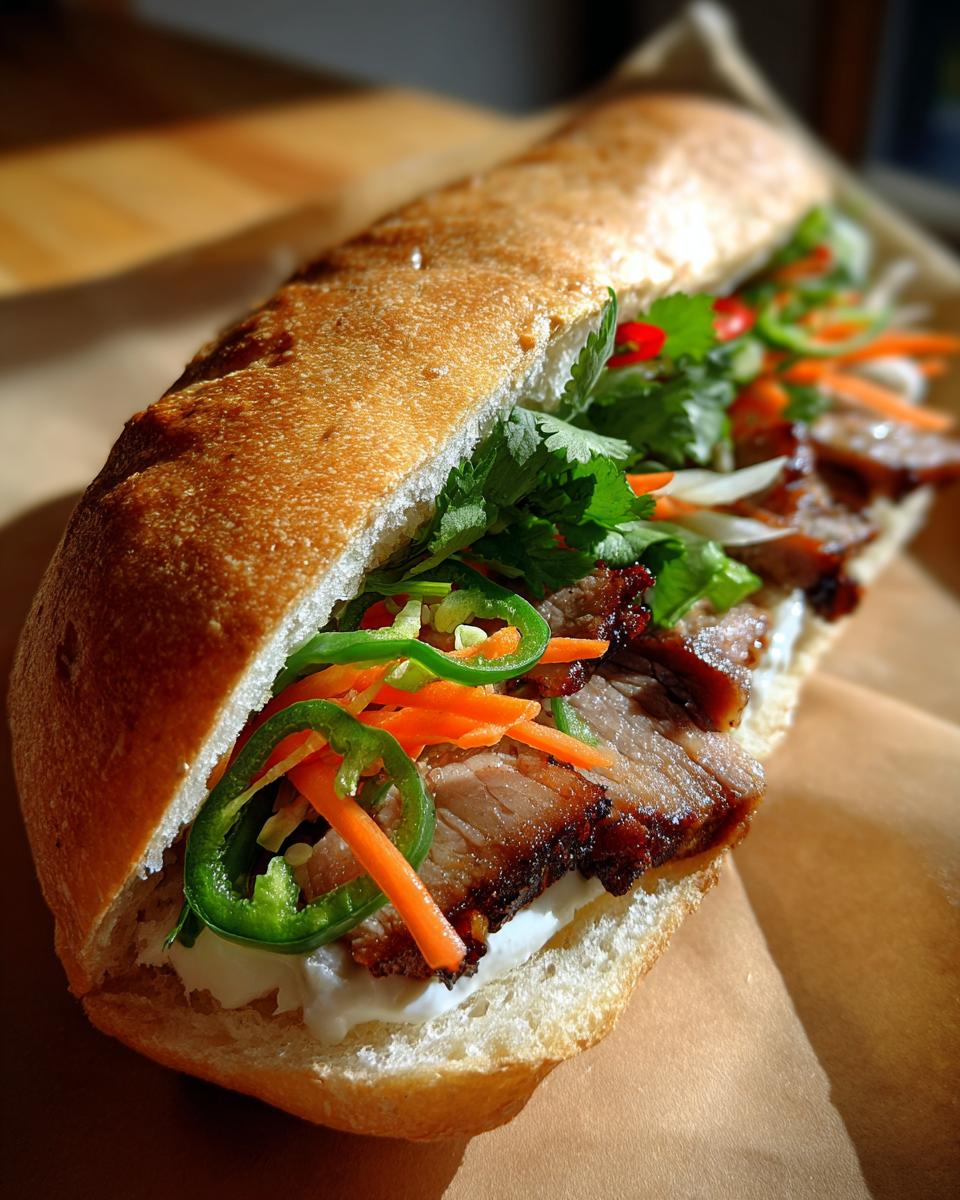 Nahaufnahme eines knusprigen Baguettes gefüllt mit saftigem Banh-Mi mit Schweinefleisch, Koriander, Karotten und Jalapeños.