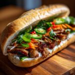 Nahaufnahme eines knusprigen Baguettes gefüllt mit saftigem Banh-Mi mit Schweinefleisch, eingelegtem Gemüse und frischen Chilis.