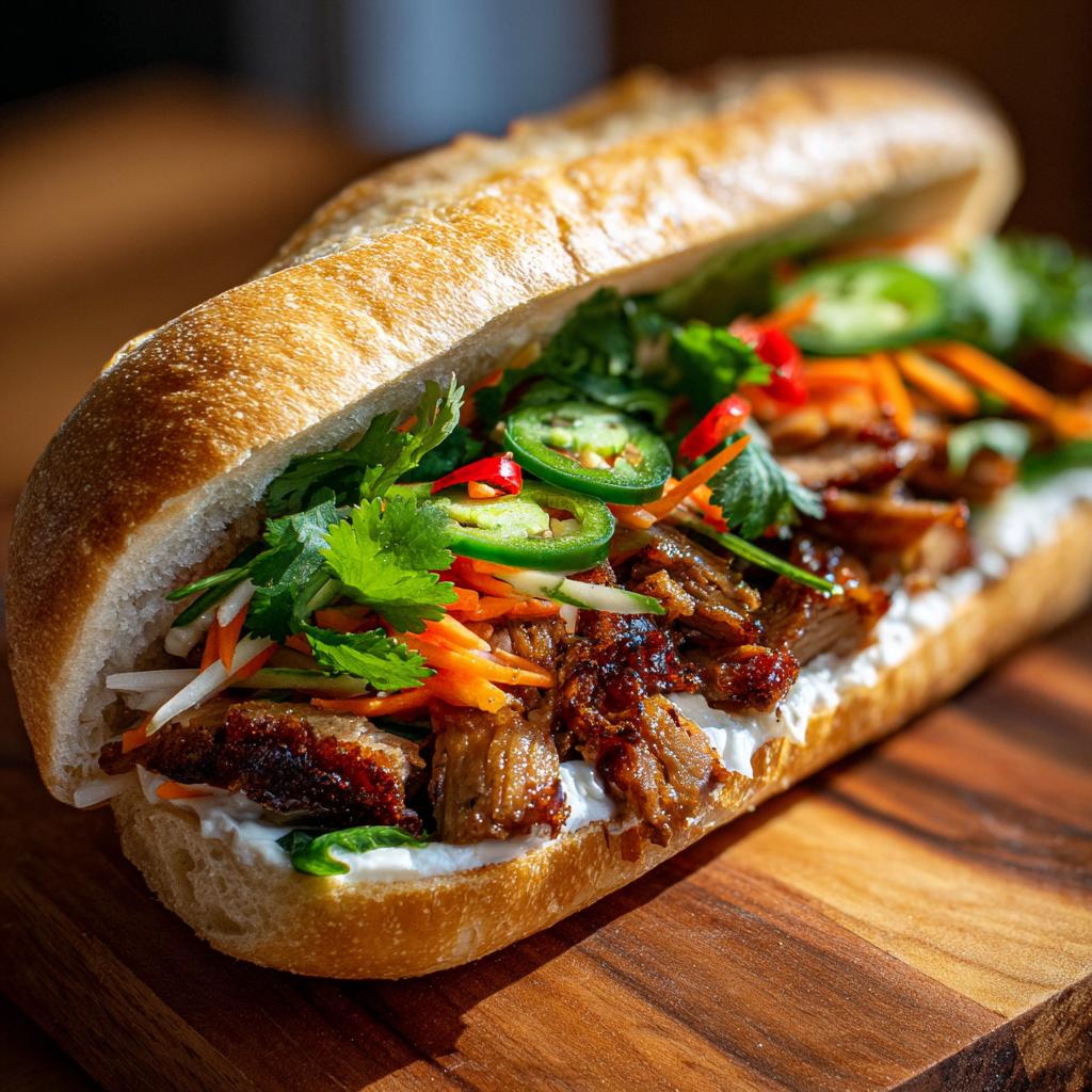 Nahaufnahme eines knusprigen Baguettes gefüllt mit saftigem Banh-Mi mit Schweinefleisch, eingelegtem Gemüse und frischen Chilis.