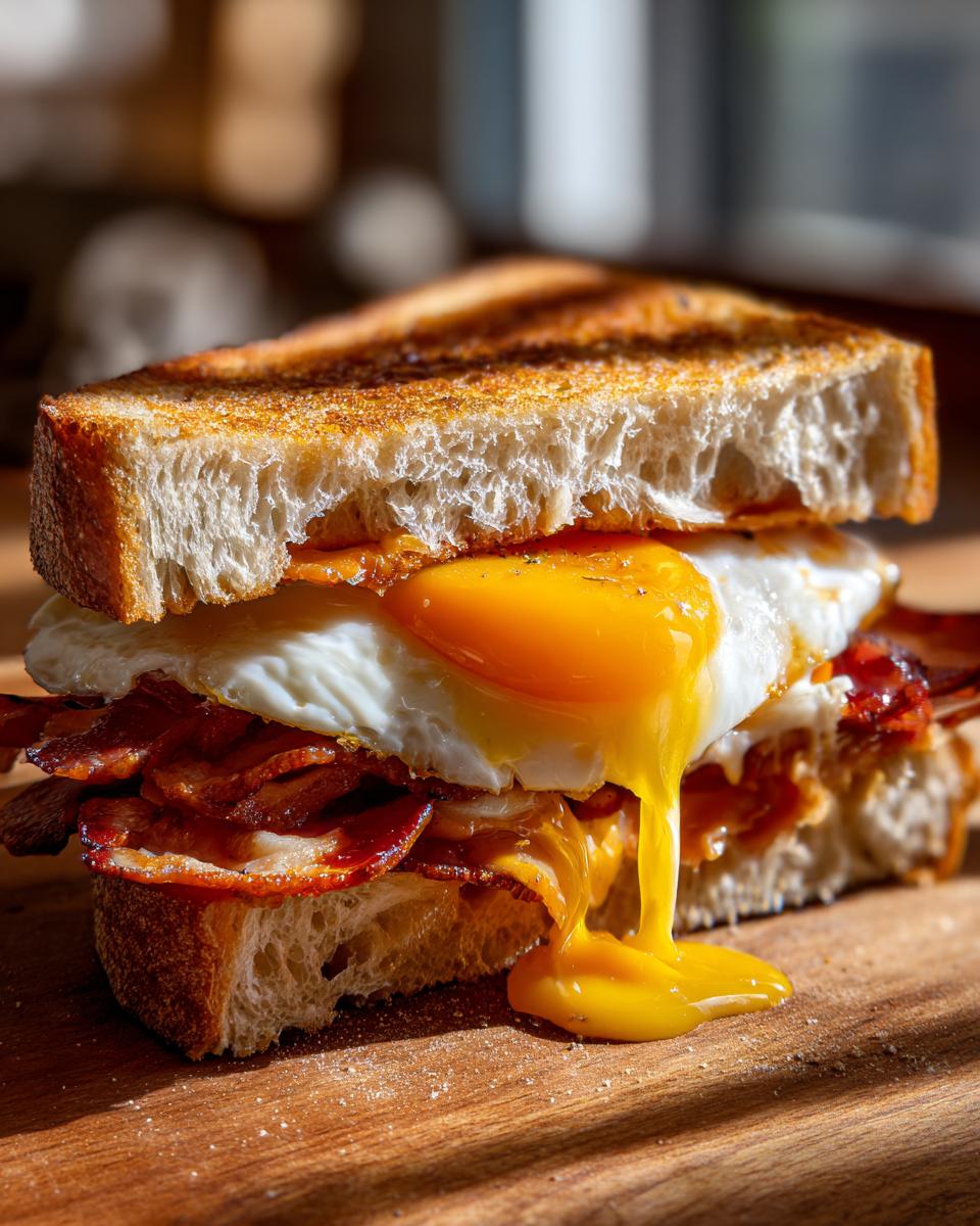 Nahaufnahme eines Bauern-Sandwich mit Ei und Speck, bei dem der Eigelb auf das Holzbrett tropft.