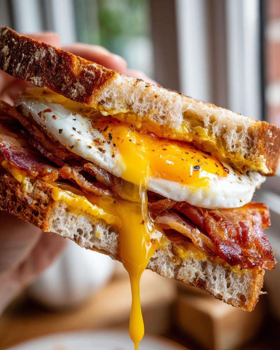 Nahaufnahme eines aufgeschnittenen Bauern-Sandwich mit Ei und Speck, bei dem das Eigelb über den Rand tropft.