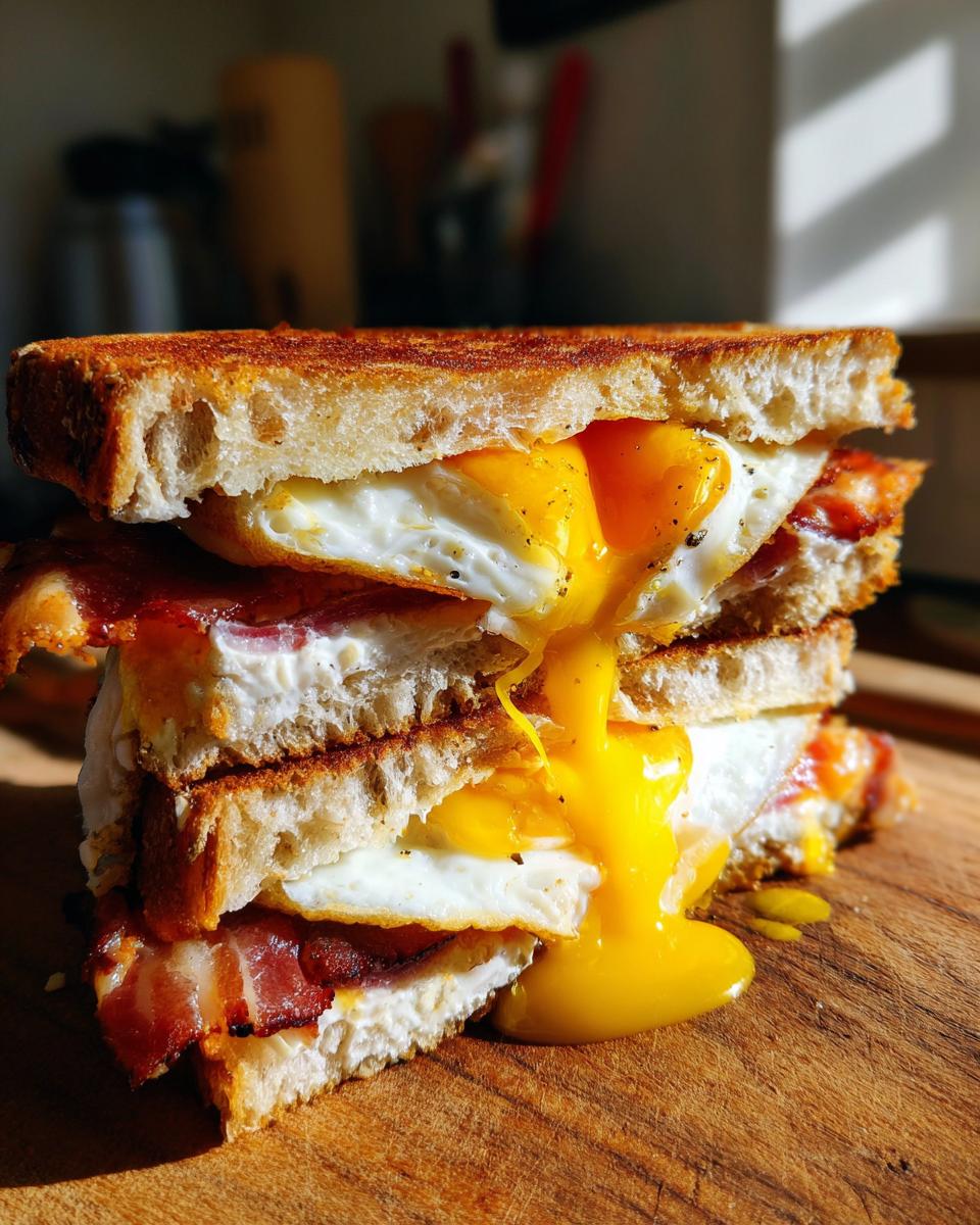 Ein gestapeltes Bauern-Sandwich mit Ei und Speck, bei dem das flüssige Eigelb auf ein Holzbrett tropft.