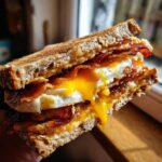 Nahaufnahme eines saftigen Bauern-Sandwich mit Ei und Speck, bei dem das Eigelb herausläuft.