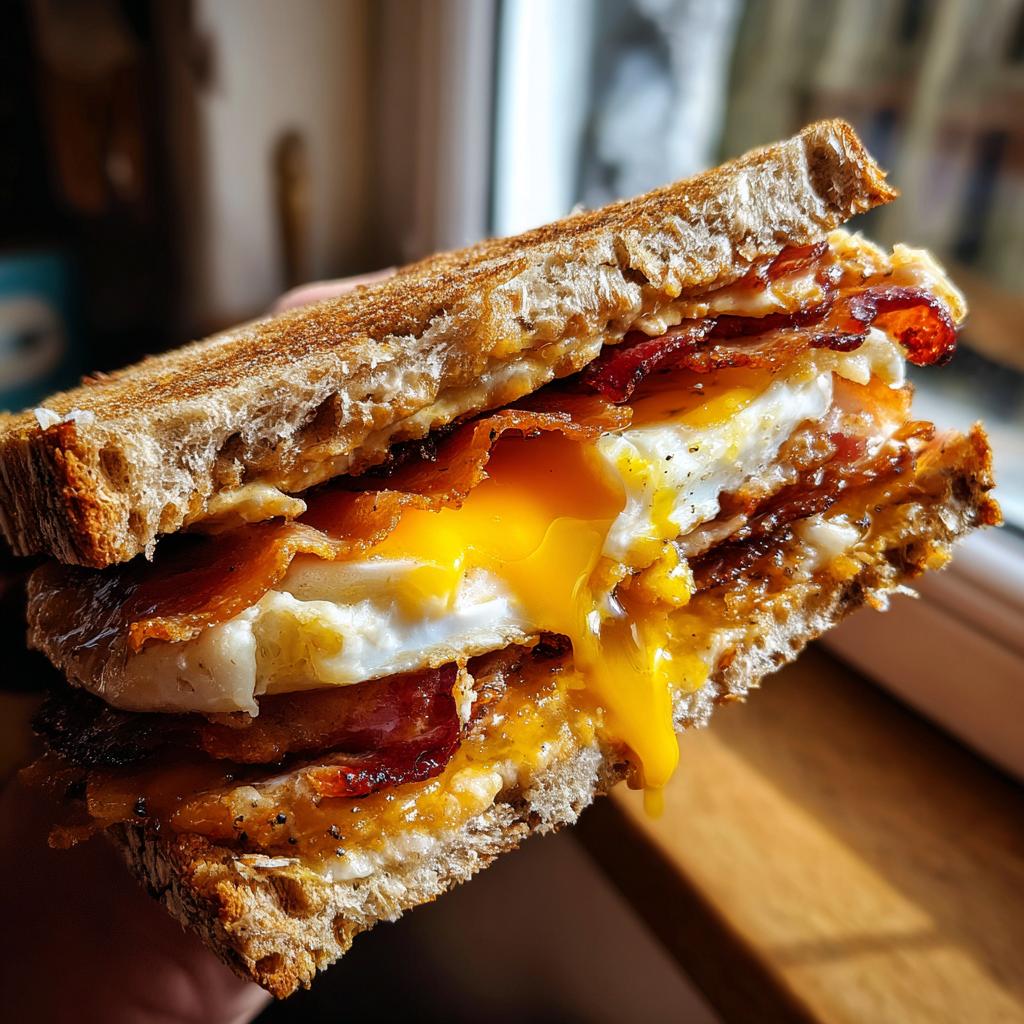 Nahaufnahme eines saftigen Bauern-Sandwich mit Ei und Speck, bei dem das Eigelb herausläuft.